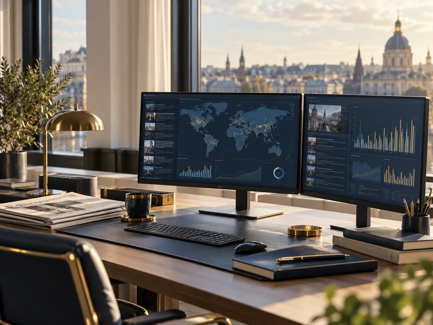Illustration of an international media analysis workspace with news monitoring screens